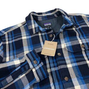 Patagonia Fjord Loft Blanket Shirt Jacket Mens Size L Organic Cotton Blue Plaid